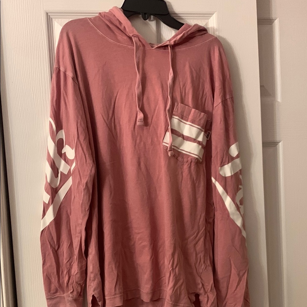 Vintage Pink Hooded Long Sleeve Shirt with White Accents